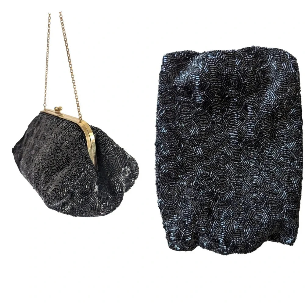 Vintage 1940s French Mid Century Black Luxury Hand-Beaded Kiss-lock Clutch